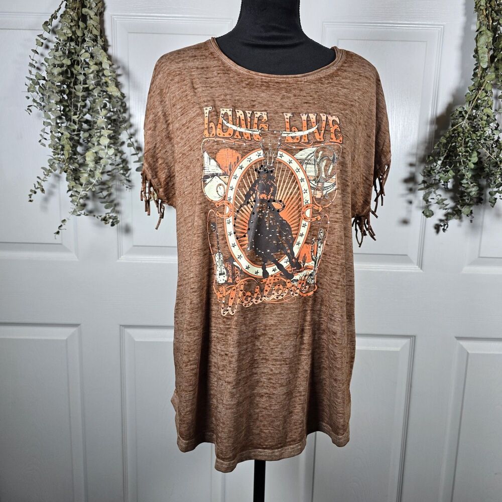 Cato Long Live Western Women’s T-Shirt Rhinestone Detail Brown XL